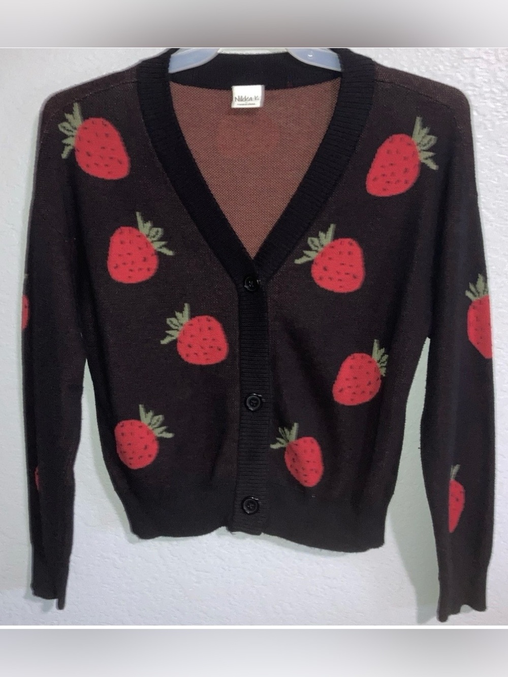 Nikka K Strawberry Cropped Knit Cardigan Sweater Y2K Retro Academia Preppy Med